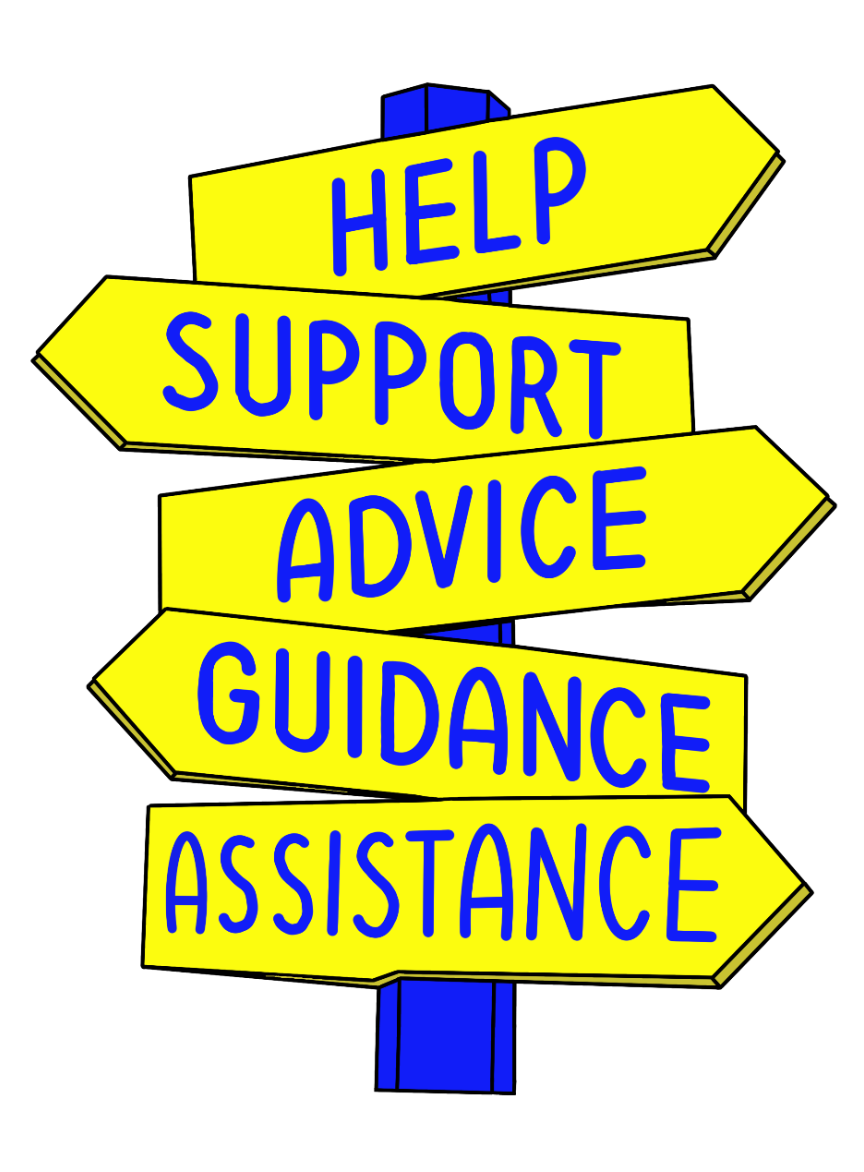 Signpost with Help, Support, Advice, Guidance and Assistance signs